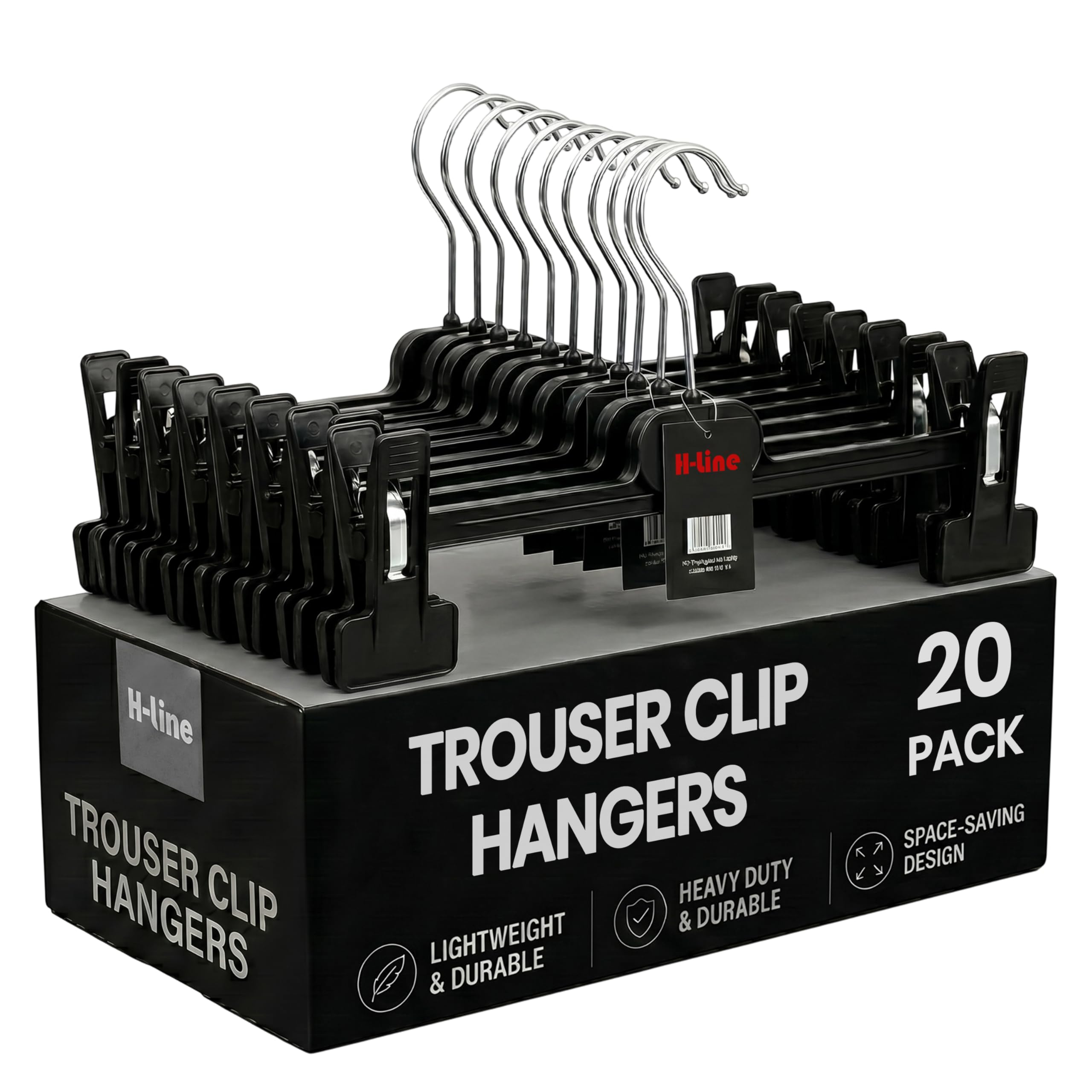 H-line Trouser Hangers with Clips [20] Rotatable Hook, Strong Black Plastic HangerGentle on Clothes