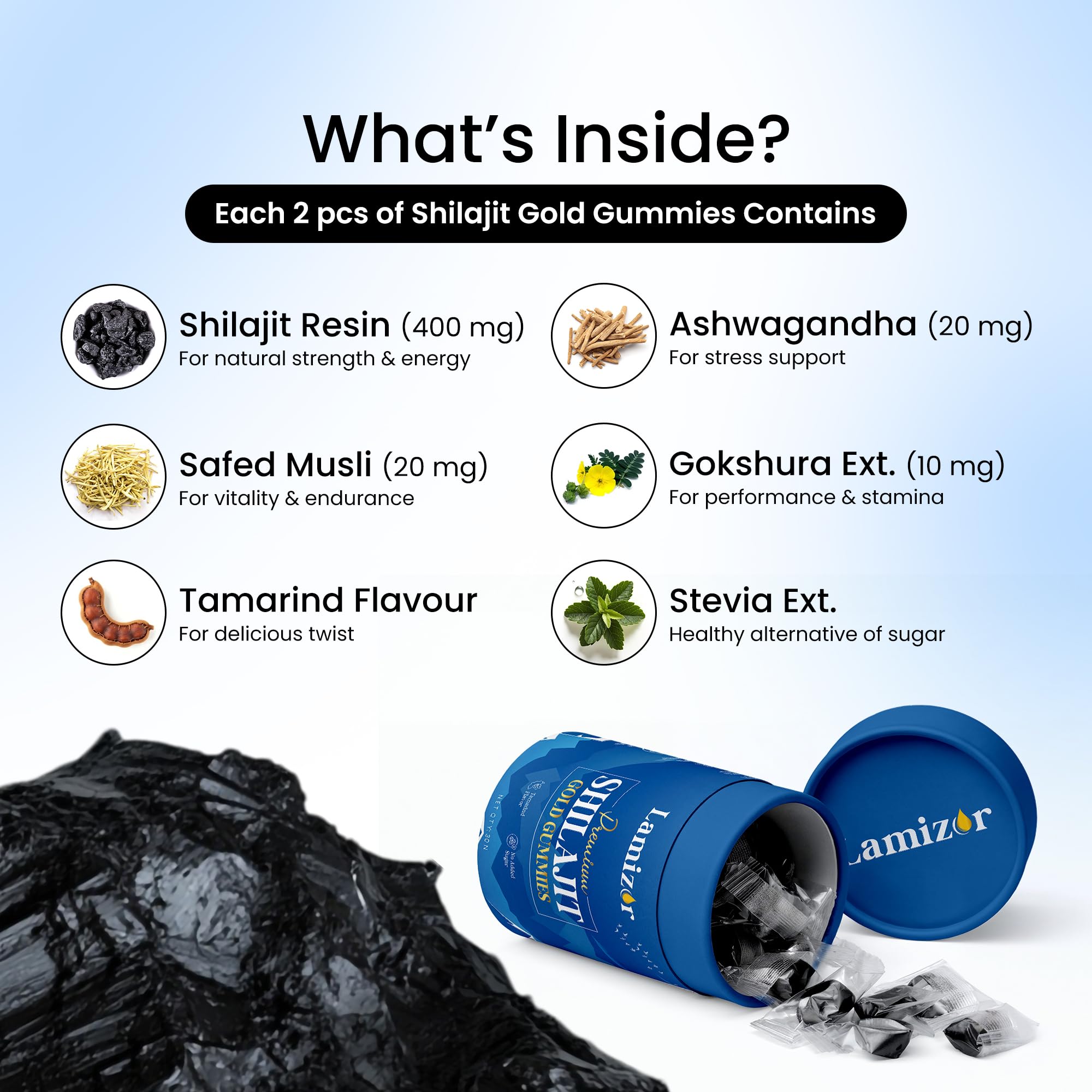Premium Shilajit Gold Gummies for Men & Women | 400mg Himalayan Shilajit Resin with Ashwagandha, Safed Musli & Gokshura | Energy, Stamina & Performance Support | No Added Sugar | Tamarind Flavour | 30 Count (Pack of 1) — Amazon image 4