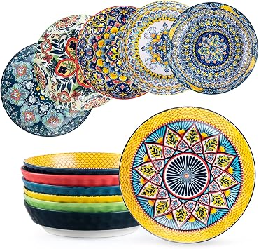 Boho Pasta Bowls Set of 6, 32 oz Wide Ceramic Bowls for Salad & Soup