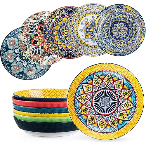 HENXFEN LEAD Pasta Salad Bowls Set of 6, Wide and Shallow Pasta Plates, Serving Dishes 27 Oz - 8 Inch Porcelain Soup Bowl for Dinner, Kitchen and Eating - Bohemian style
