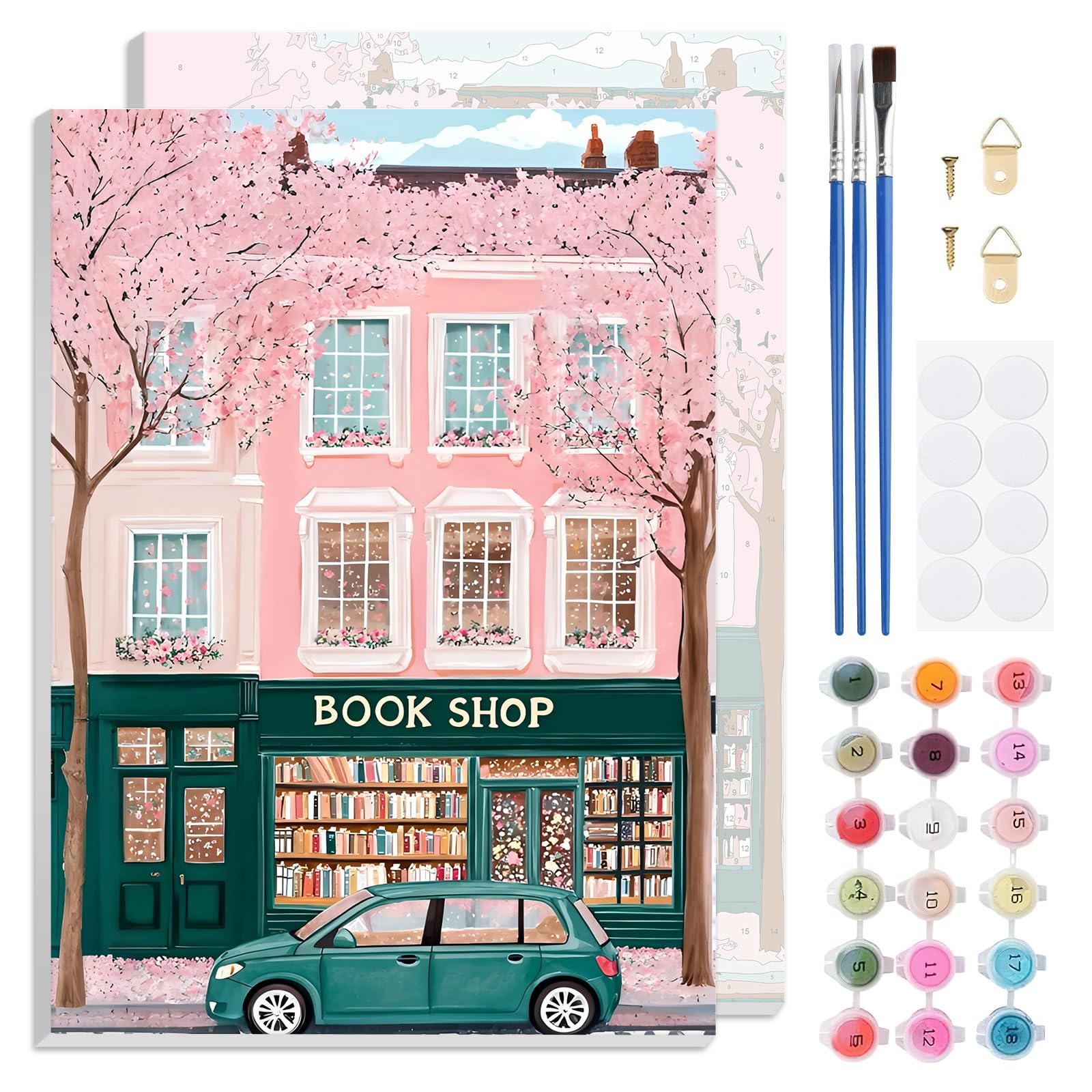 TLIOBLO Book Shop Paint by Numbers Kits with Frame for Adults Beginners, DIY Pink House Painting by Numbers on Canvas for Home Wall Decor Gifts 20x30cm