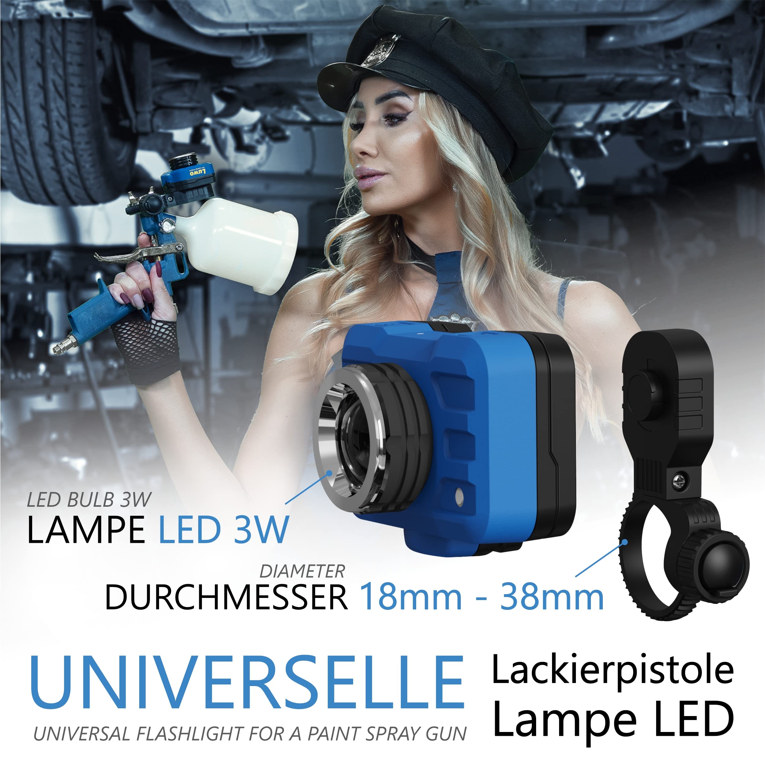 LUWO | Latarka na pistolet lakierniczy 3W LED, podświetlenie malowania ściany i lakierowania aut.