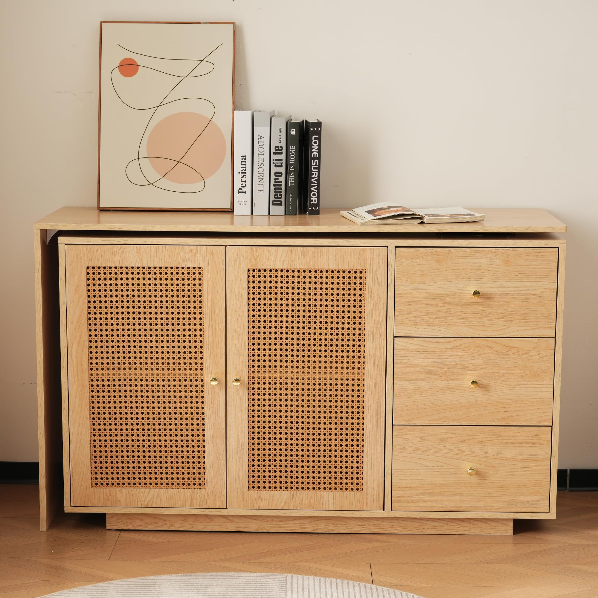 Bureau d'angle blanc et rotin tressé 126 cm au design bohème chic pour votre intérieur