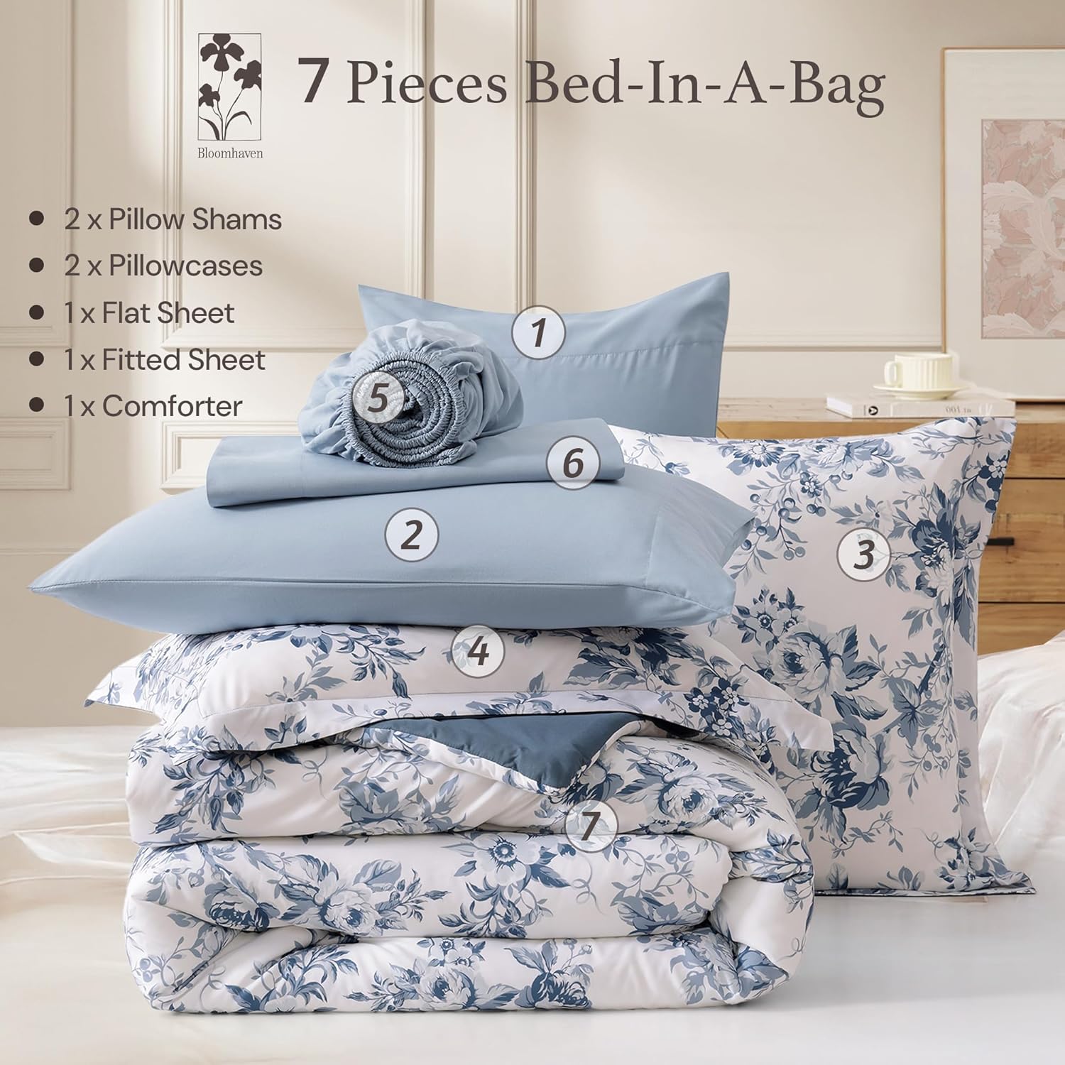 Queen Comforter Set -7 Pieces Floral Blue Comforter Set for All Seasons, Bed in a Bag Queen with Botanical Flowers Comforter, Sheets, Pillowcases & Shams - Image 9