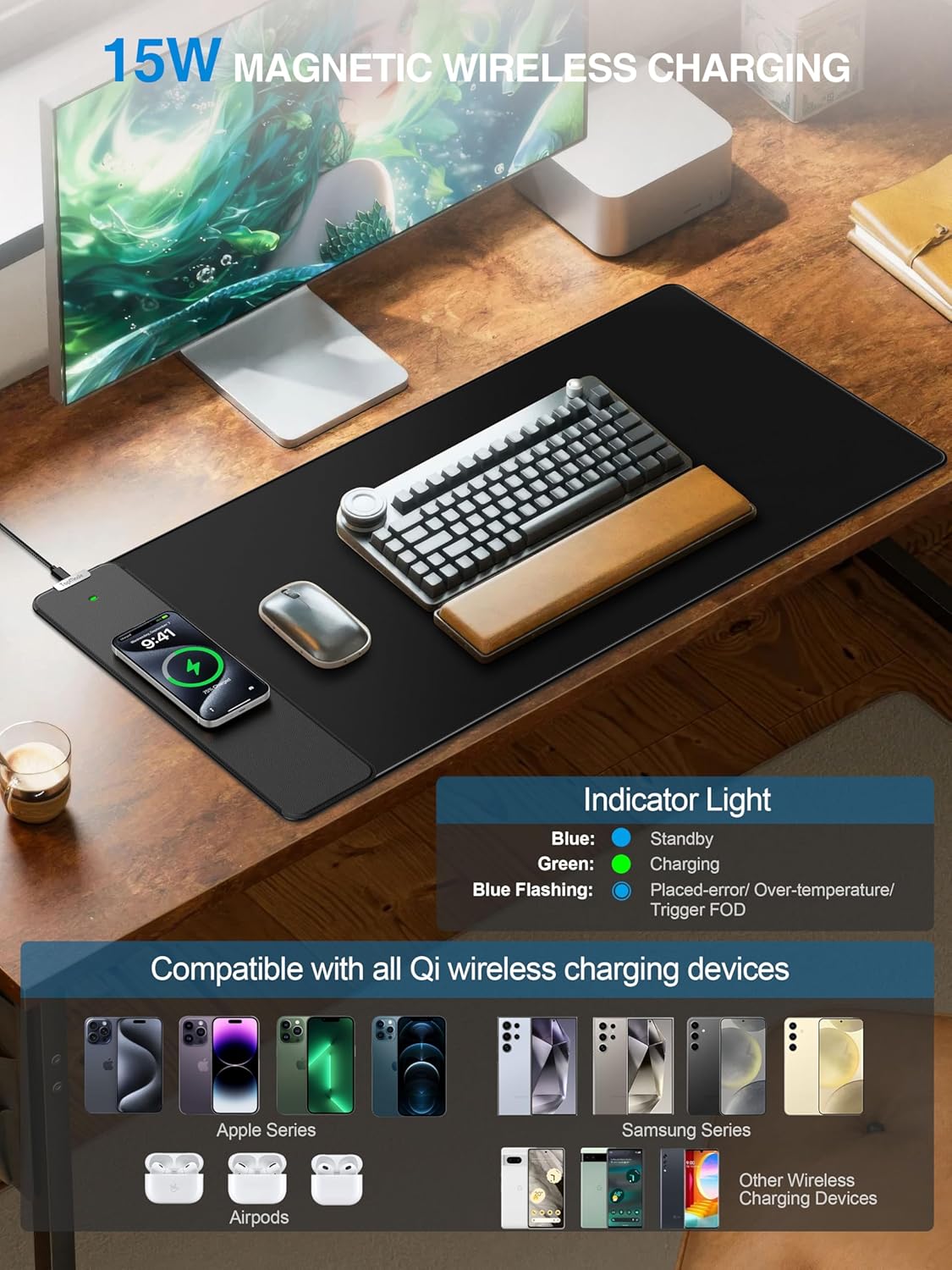 TopMade Wireless Charging Mouse Pad, Gaming Mousepad with Ultra-Smooth Surface, Non-Slip Base, Waterproof Computer Desk Pad, 31.5"x15.8" XXL Large Desk Mat for MacBook, PC, Laptop