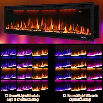 60/152cm Electric Fireplace, Slim Recessed & Wall Mounted Fireplace Heater w/Remote Control, Multicolor flame effects w/Realistic logs, Thermostat with Timer, 750/1500W, Black