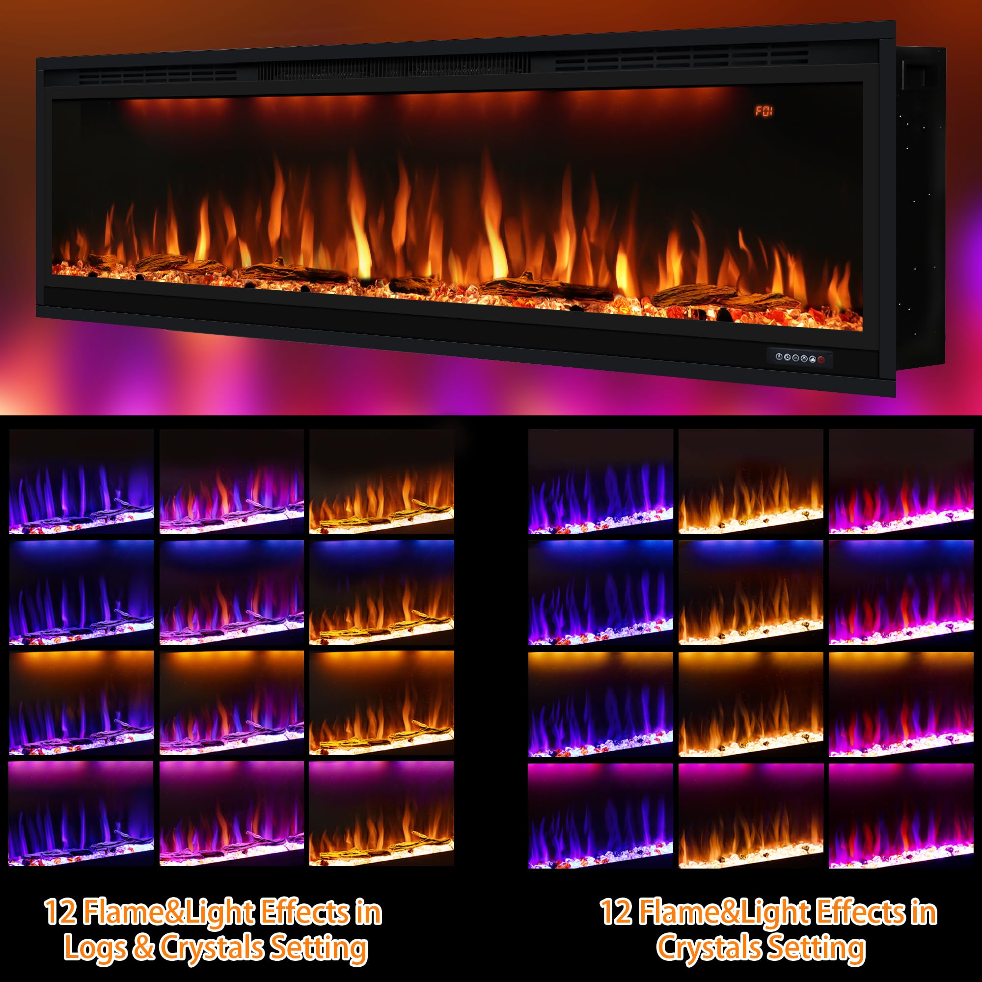 Elektrischer Kamin, schmaler Einbaukamin mit Fernbedienung, mehrfarbige Flammeneffekte mit realistischen Holzscheiten, Thermostat mit Timer, 750/1500 W, Schwarz