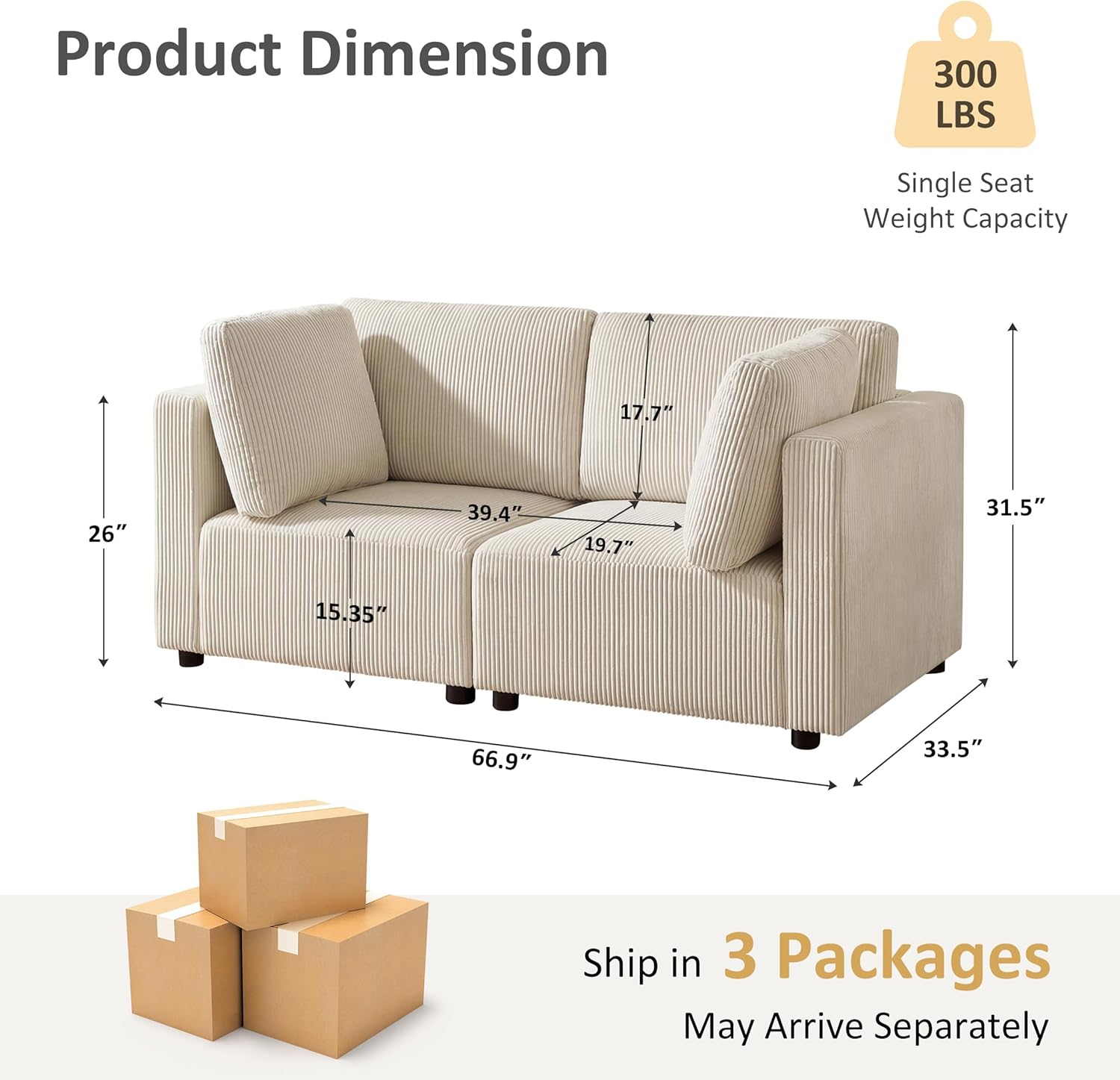 66.9'' Loveseat Sofa Couch, 2-Seater Convertible Modular Sofa Bed, Corduroy Modern Sofa Set Free Combination Couch for Living Room Bedroom Apartments (Beige, Loveseat)