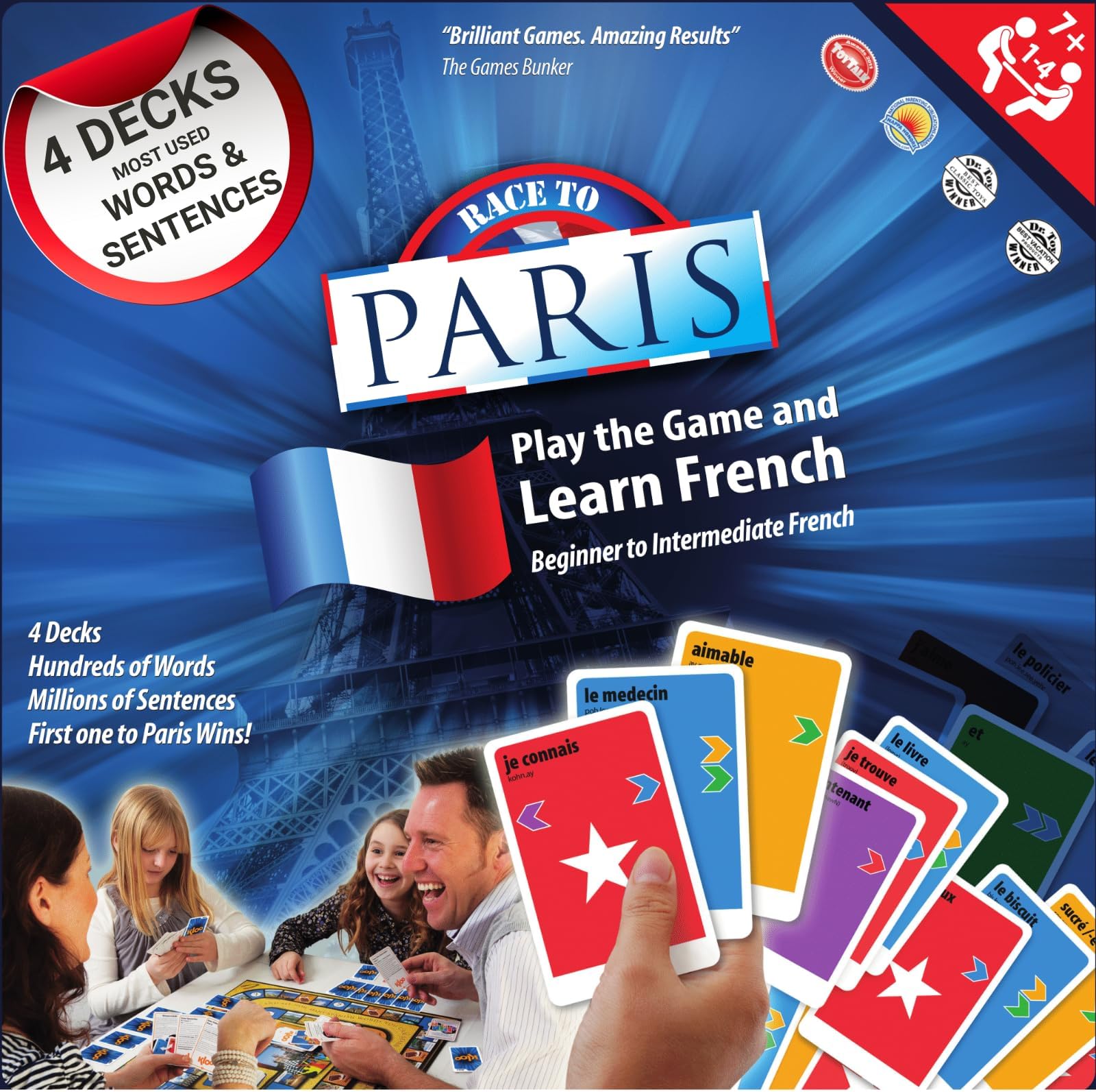KLOO Learn French Board Game “Race to Paris” | Fun for Family Kids Adults | Coloured Vocabulary Word Cards Make Sentences in a Flash | Language Teacher Resource | Boardgame 1–4 Players