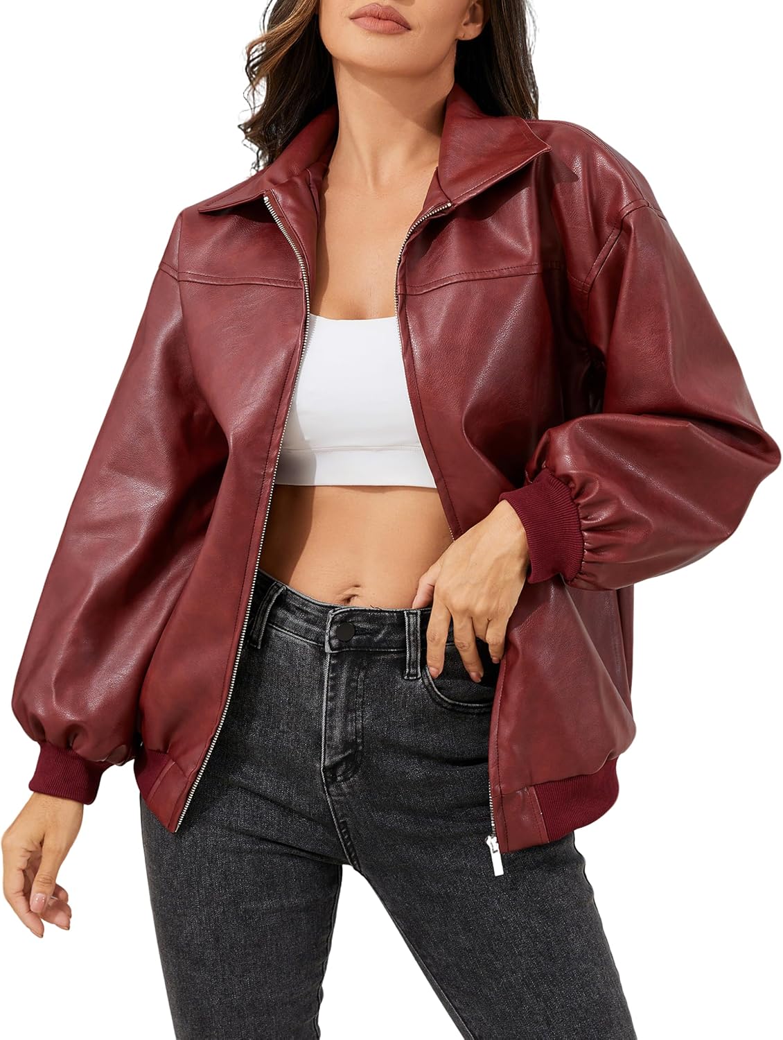 Leather Jacket Women Vintage Washed Faux Oversized Casual Motorcycle Biker Bomber Coats With Pockets 2025 Y2K Trendy