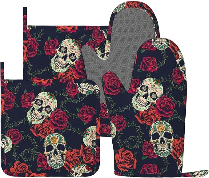 Vintage Rose Elegant Skull Oven Mitts and Pot Holders Set of 4 Silicone Heat Resistant Oven Mitten Potholders Non Slip Gloves Kitchen Decor for BBQ Cooking Grilling Baking