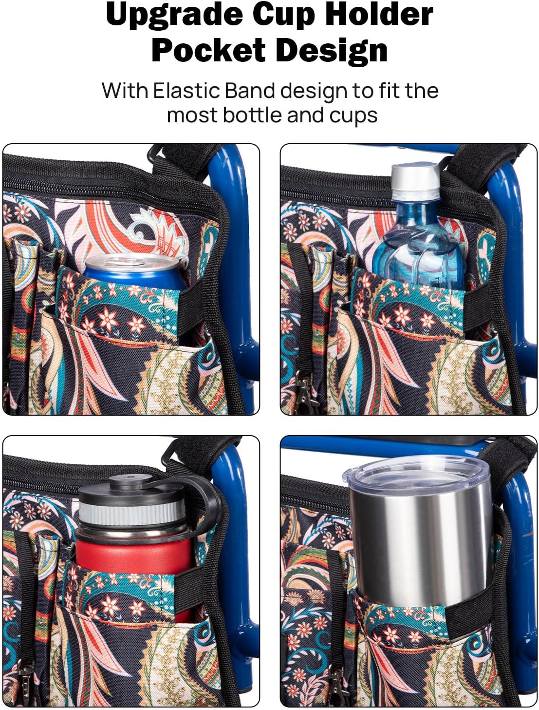 JOYTUTUS Wheelchair Side Bag, Upgraded Walker Pouch Bag with Cup Holder, Wheelchair Armrest Accessories for Walker, Rollator, Electric Scooter Wheelchairs, Ideal Gift for Seniors, Black Pattern - Image 2