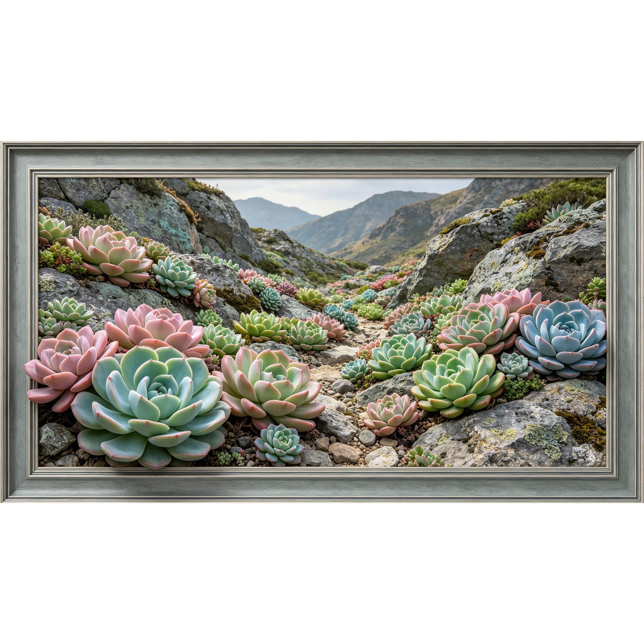 QZLITHOTIC 50×90cm3D Framed Wall Art， Desert Succulent Mountain Landscape Self?Adhesive Mural， Water?Activated Peel & Stick Fabric Decor Wall Decal for Bedroom Living Room