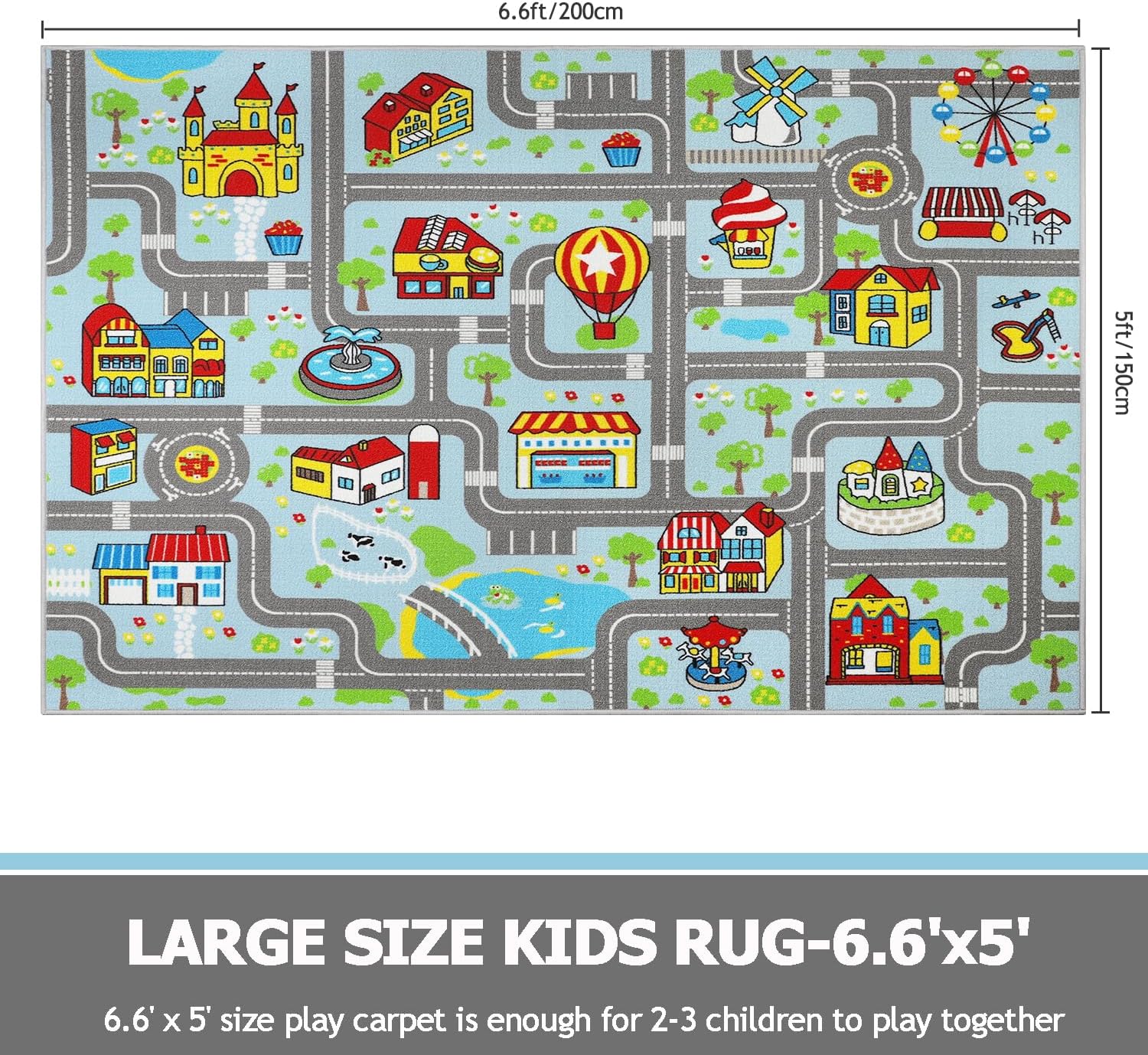 Capslpad Kid Rug for Playroom Sky Blue Play Rug Traffic Road Car Play Mat 6.6x5.0ft Educational Learning Area Rug Washable Kids Carpet for Children Bedroom,Playroom,Nursery Room Decor