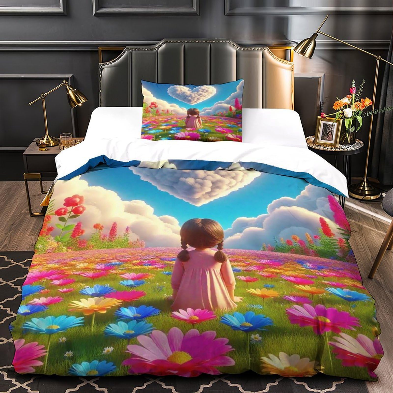 Housse de couette fleurs d'amour lit 1 personne fermeture éclair 135x200