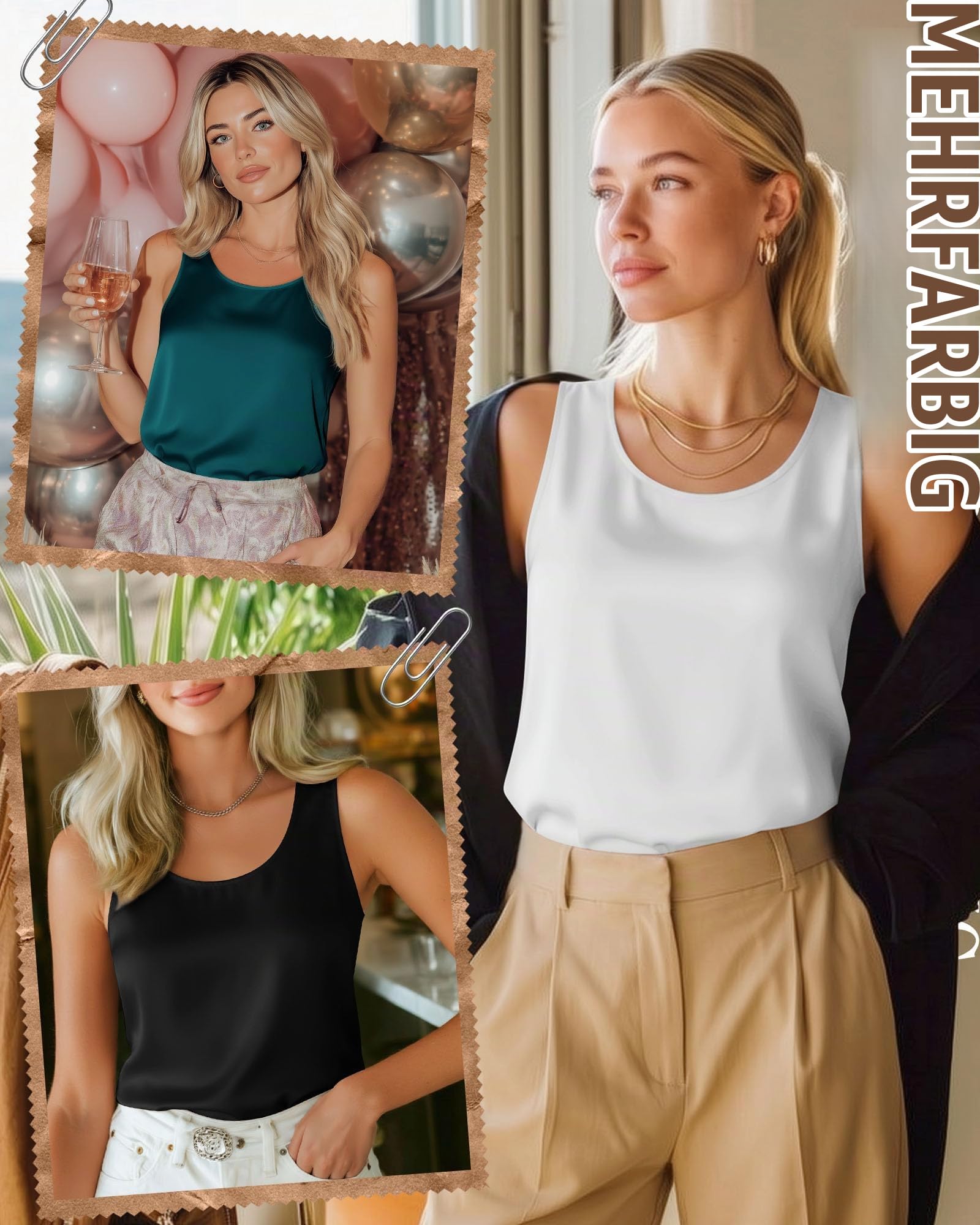 3er Pack Leichte Satin Tanktops Für Damen, M, 3-Farbe