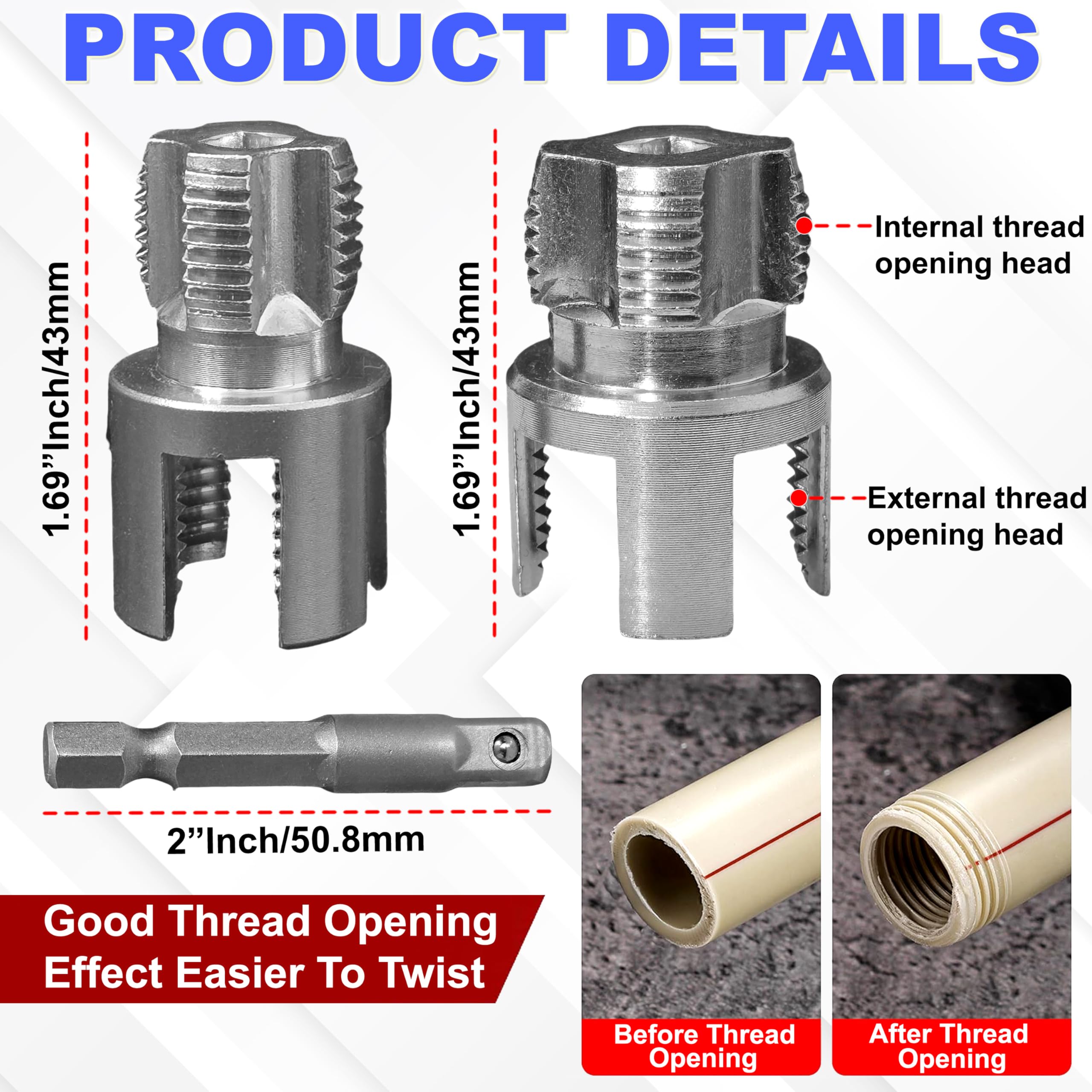 Digital Craft 2Pcs Pipe Threading Die Heads for Electric Drill, 1/2" NPT and 3/4" NPT Pipe Threader Heads with Hex Shanks, Carbon Steel Plumbing Threading Die Head Tool Set 2