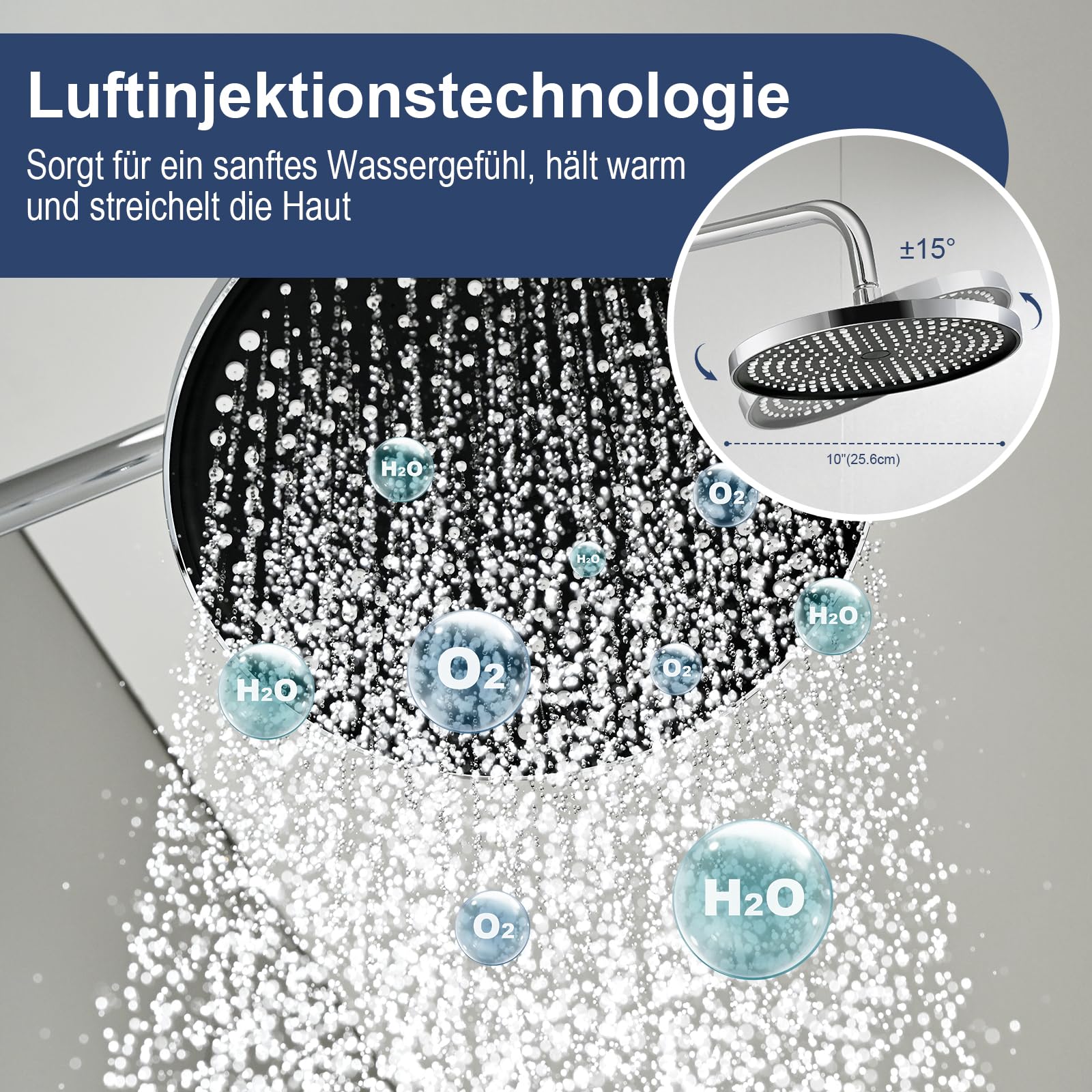 Duschsystem mit Thermostat Edelstahl Regendusche 25cm Handbrause 3 Strahlarten Duscharmatur Komplettset Höhenverstellbar mit Anti-Verbrühungsschutz Wassersparend Einfach Installieren