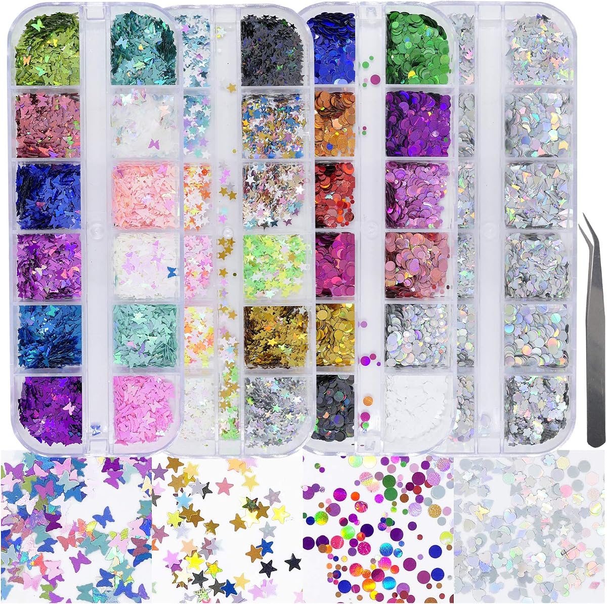 4 cajas de lentejuelas holográficas para uñas, formas mixtas iridiscentes, copos de purpurina para uñas, corazones de mariposa, estrellas, diseño DIY, decoraciones de manicura, juegos para arte de uñas/manualidades/maquillaje