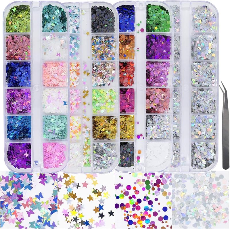 4 cajas de lentejuelas holográficas para uñas, formas mixtas iridiscentes, copos de purpurina para uñas, corazones de mariposa, estrellas, diseño DIY, decoraciones de manicura, juegos para arte de uñas/manualidades/maquillaje