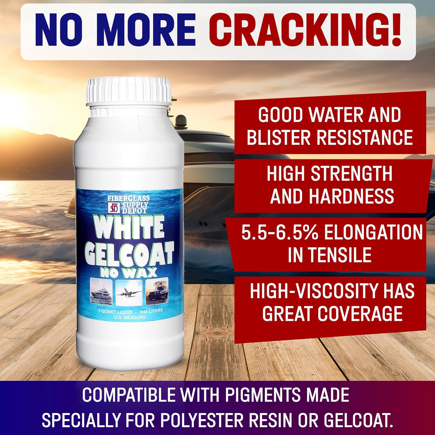 Fiberglass Supply Depot White Gelcoat - NO Wax - Quart with 15cc Hardener (MEKP)