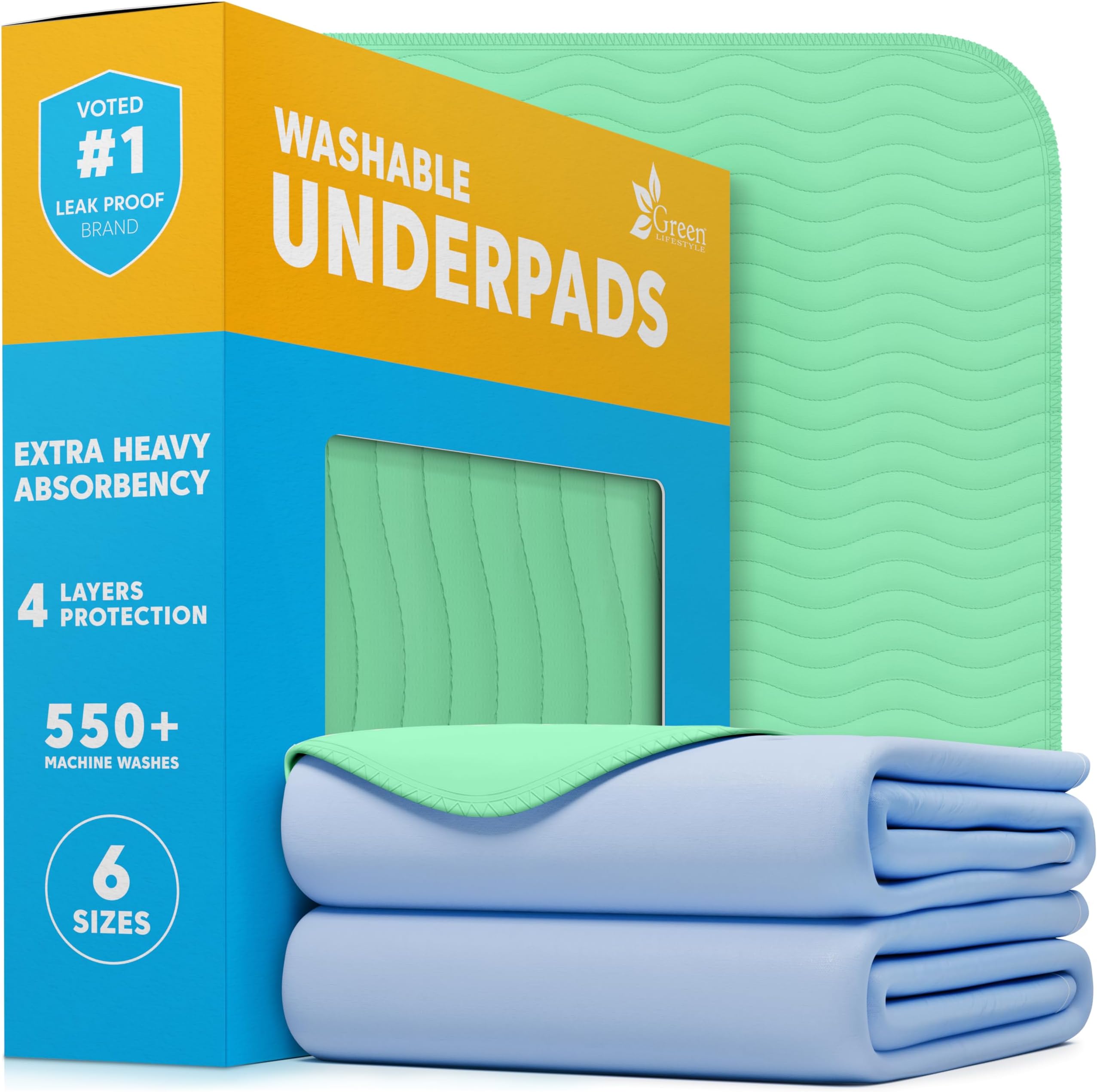 - GREEN LIFESTYLE® Washable Underpads - Heavy Absorbency Reusable Bedwetting Incontinence Pads for Kids, Adults, Elderly, and Pets - Toddler Mattress Pads for Bed, Sofa, Floor (Pack of 2 - 48x48)