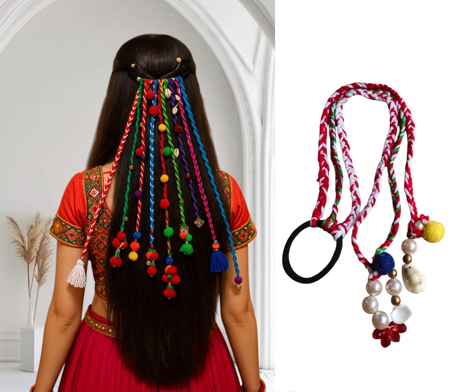 Boho Hair Accessories Strings Extension For Navratri and Casual Dresses Wear For Girls Women For Ponytail Tie Braids (Parandi Paranda) With Tassels (Red-Green-White) Boho Hair Accessories Strings Extension For Navratri and Casual Dresses Wear For Girls Women For Ponytail Tie Braids (Parandi Paranda) With Tassels (Red-Green-White)