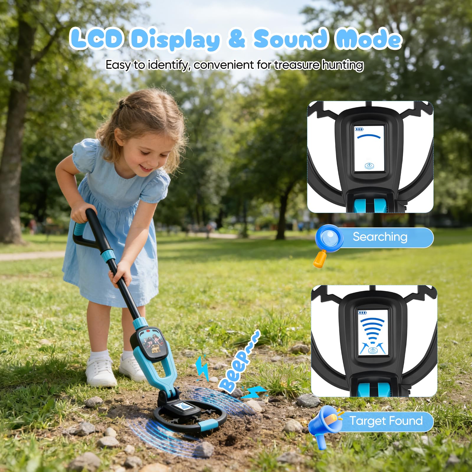 Metal Detector Bambini, Metal Detector per Bambino con Asta Regolabile 72–83 cm, Display LCD, Bobina di Ricerca Impermeabile, Ad Alta Sensibilità Metal Detector per Bambini con Borsa Pala