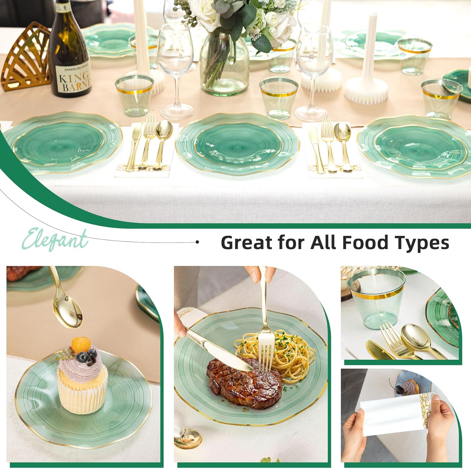 175PCS Green Plastic Plates with Gold Trim, Disposable Party Dinnerware Set for 25 Guests, Include 25 Dinner & Salad Plates, Napkins, Forks, Spoons, Knives, Cups, Perfect for Party