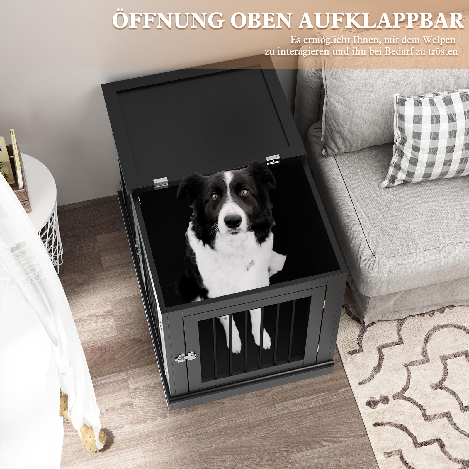 HOLTICO Hundebox für Zuhause, Hundekäfig Möbel mit Kissen, Hundehaus, Hundekäfige für große Hunde, Möbelstil Hundebox mit Klappdeckel, Schwarz（L）
