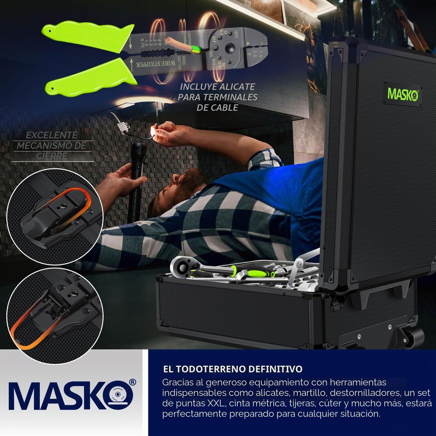 MASKO Maletín de herramientas completo de 1400 piezas | Juego de herramientas en una maleta de aluminio | Caja de herramientas con ruedas | Caja de herramientas para el hogar, casa, ocio, automóvil |