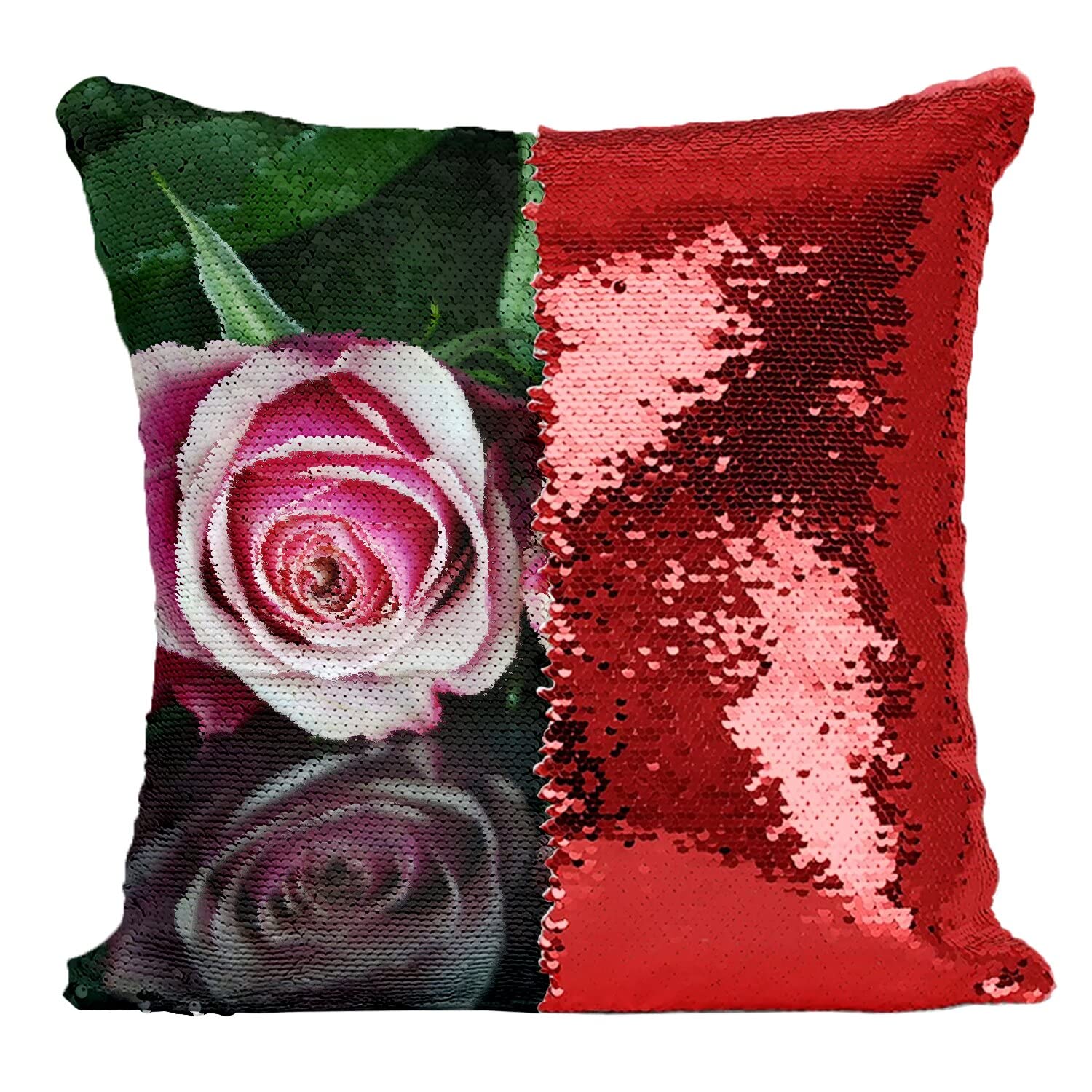 Coussin sequin rouge avec motif fleurs roses romantiques