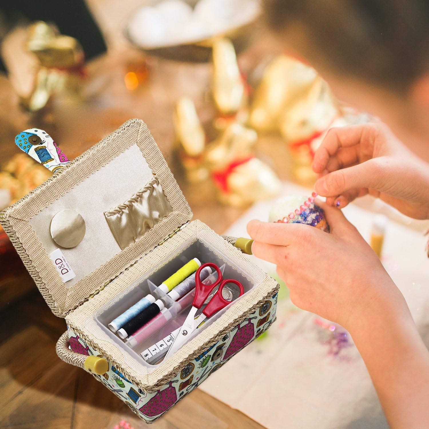 D&D Small Sewing Basket with Sewing Kit Accessories for Girls/Kids/Beginners (Multicolored)