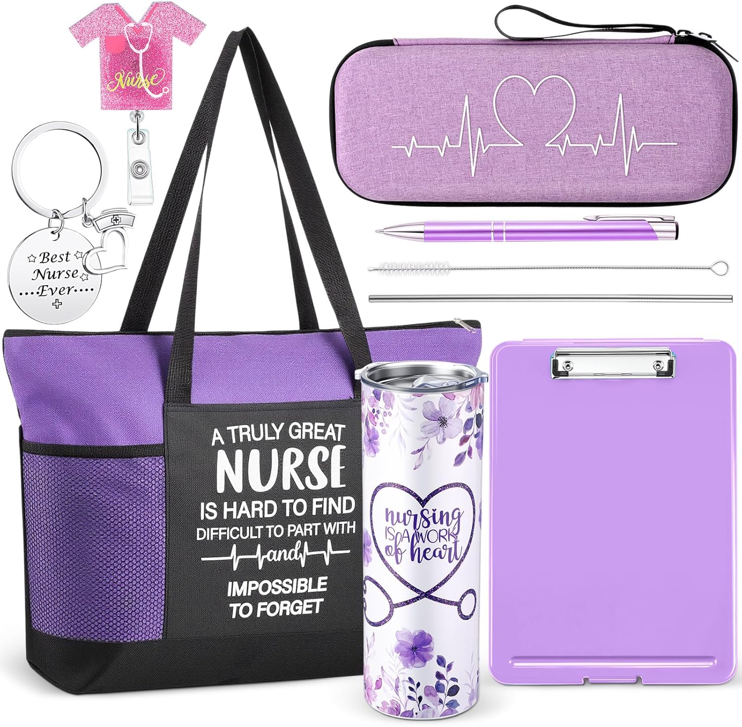 Patelai 7 Pcs Nurse Gifts for Women Nurse Appreciation Gifts Set Nurses Canvas Tote Bag Tumbler Keychain for Nursing Student Christmas Thanksgiving Thank You Birthday Gift(Purple,Classic)