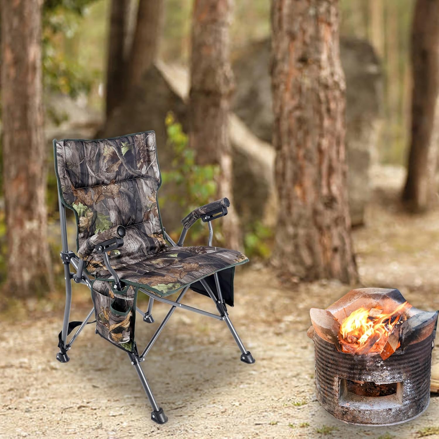 REDCAMP Oversized Hunting Chairs for Blinds with Thickened Cotton, Portable Folding Camo Padded Camping Chairs for Adults Hunting Seats with Hard Arms for Outside Outdoor, Camouflage