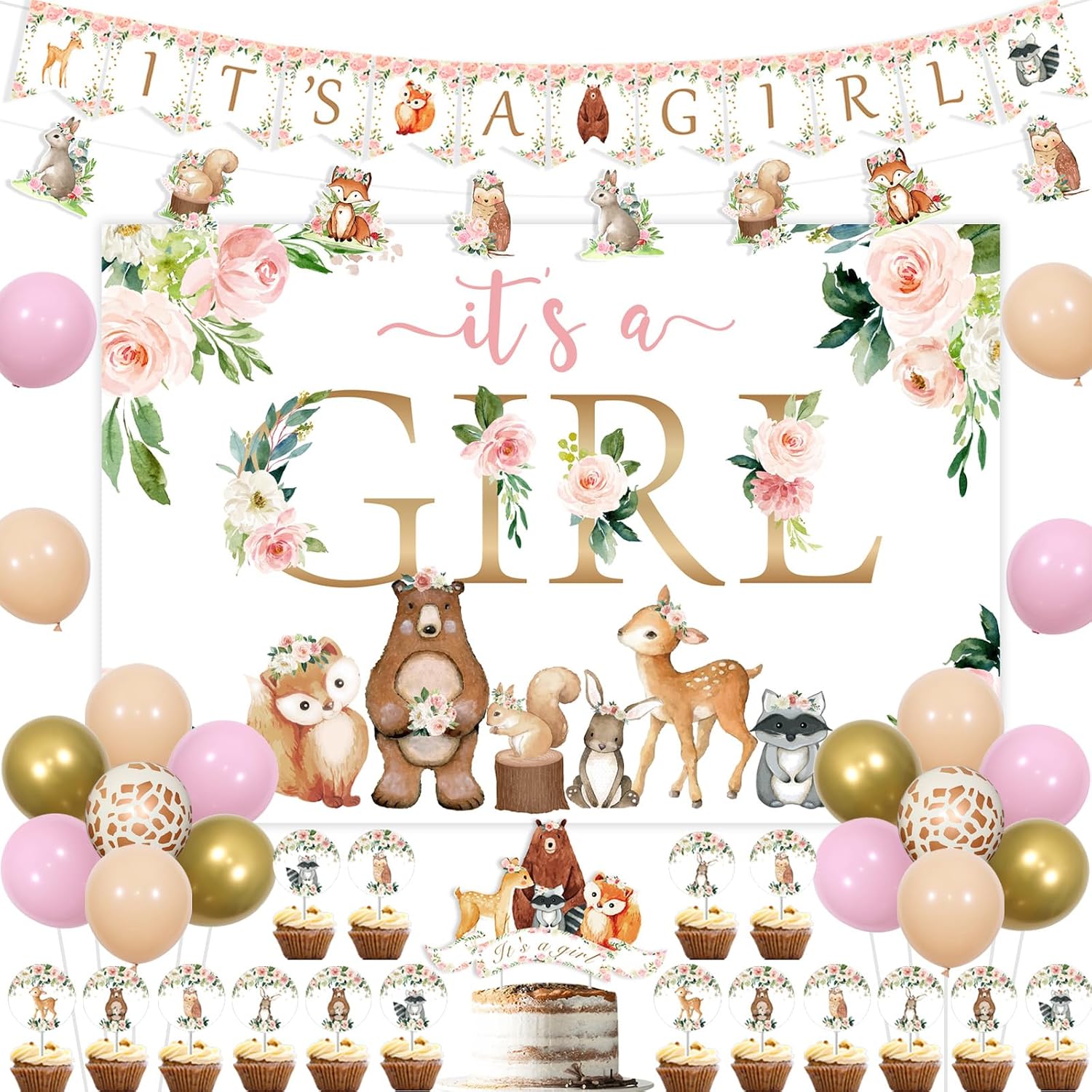 Woodland Baby Shower Decorations for Girls Woodland Animal Baby Shower Backdrop Woodlands It's A Girl Banner Garland Cake Topper for Floral Themed Forest Animal Gender Reveal Party