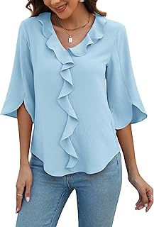 Womens Dressy Casual Blouses 3/4 Sleeve V Neck Ruffle Tops Business Ladies Summer Trendy Fashion Work Shirt