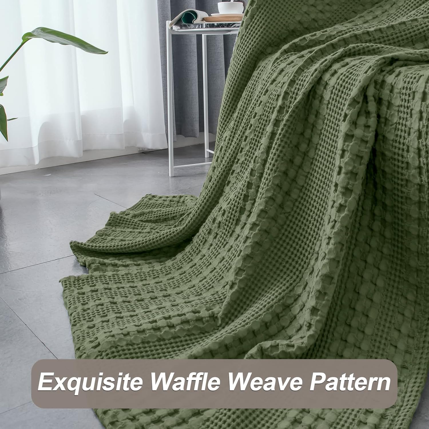 PHF 100% Cotton Waffle Weave Blanket Queen Size - Washed Soft Lightweight Blanket for All Season - Breathable and Skin-Friendly Blanket for Couch Bed Sofa 90"x90" - Olive Green