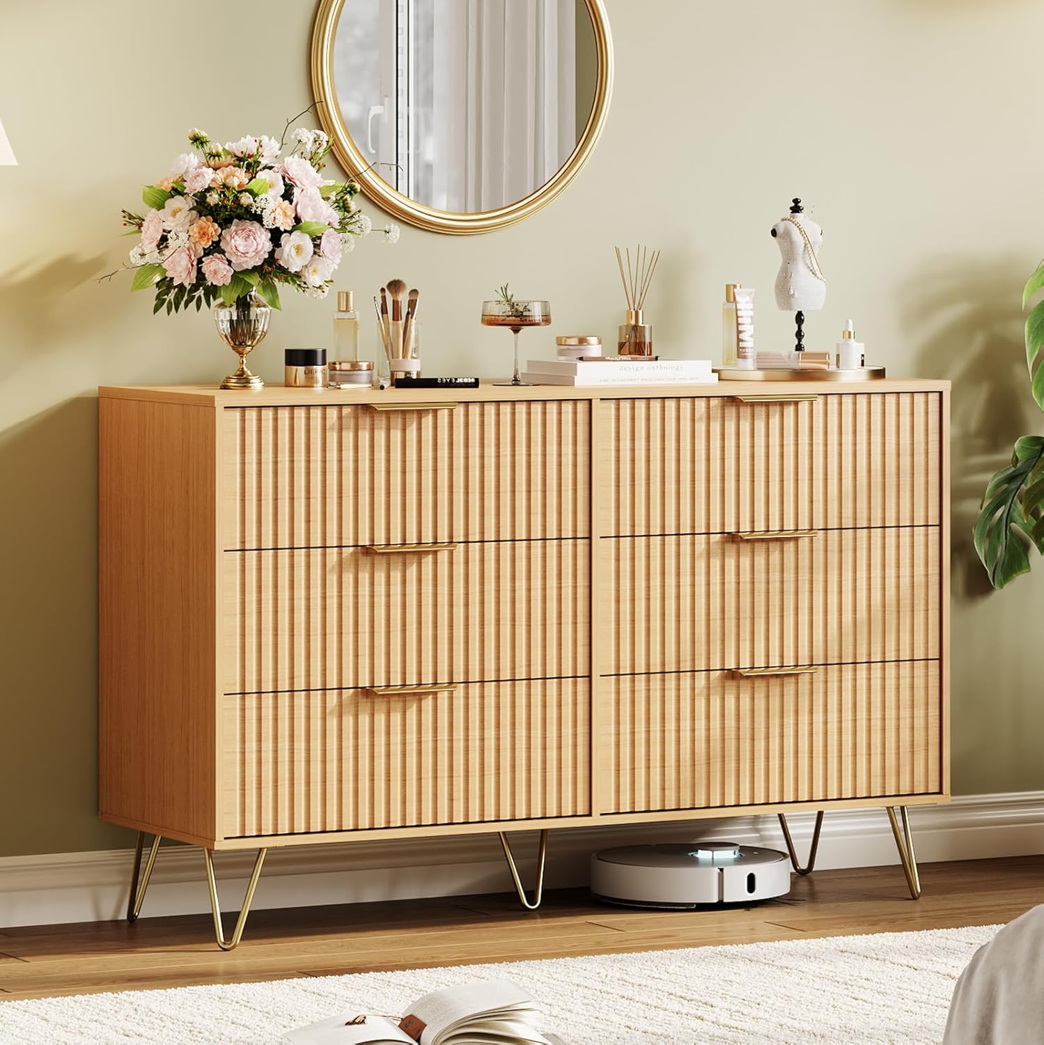 Fluted Dresser for Bedroom, 47" Wide 6 Drawer Wooden Chest of Drawers with Metal Handle, Modern Clothes Storage Organizer, Multi-Purpose Closet Dresser & TV Stand for Living Room Hallway,Natural