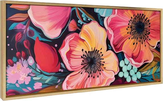 Kate and Laurel Sylvie Preppy Boho Aesthetic Colorful Floral Group Framed Canvas Wall Art by The Creative Bunch Studio; 18x40 Bright Gold; Bright Colorful Flower Art for Wall