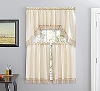 American Linen Beige Café Curtains with Embroidered Lace Valance - 3-Piece Kitchen Bathroom Window Set