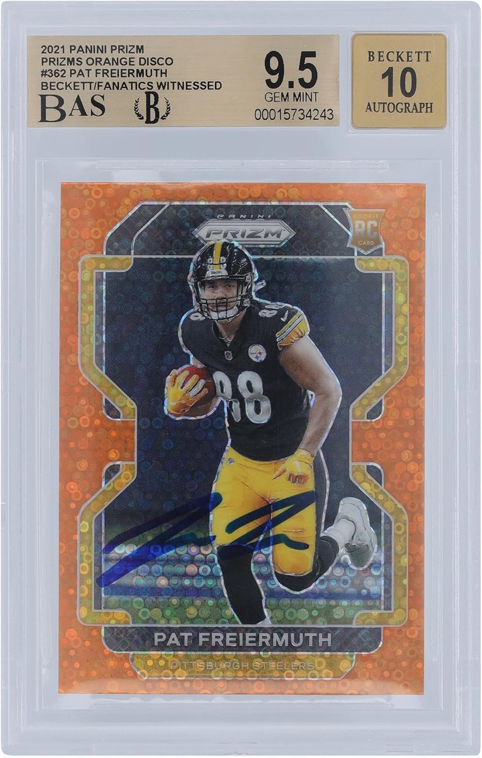 Pat Freiermuth Pittsburgh Steelers Autographed 2021 Panini Prizm Orange Disco #362 Beckett Fanatics Witnessed Authenticated 9.5/10 Rookie Card - Football Slabbed Autographed Rookie Cards