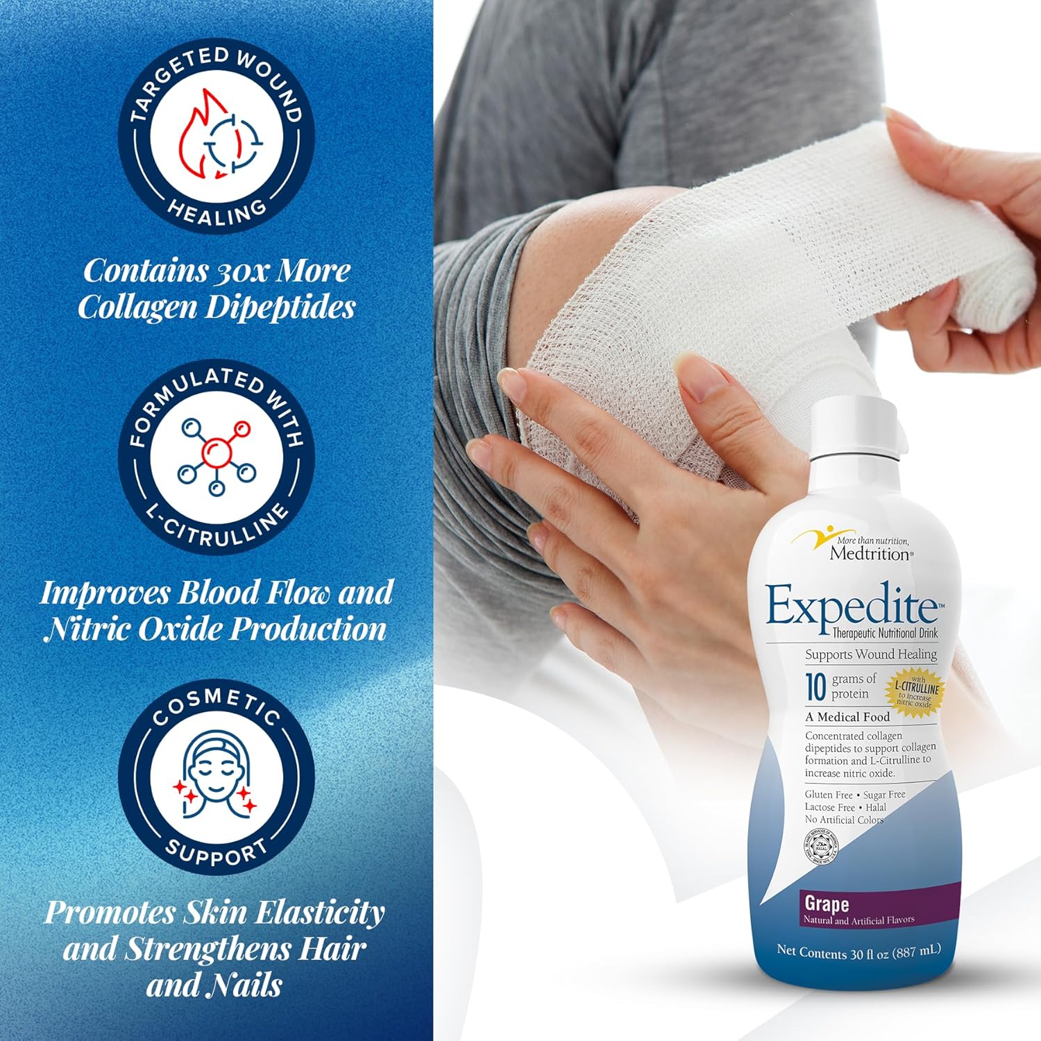 Medtrition Expedite Liquid Collagen, Grape, 30 Fl Oz, Pack of 1 - Nutrition Support for General, Orthopedic & Cosmetic Surgery Recovery