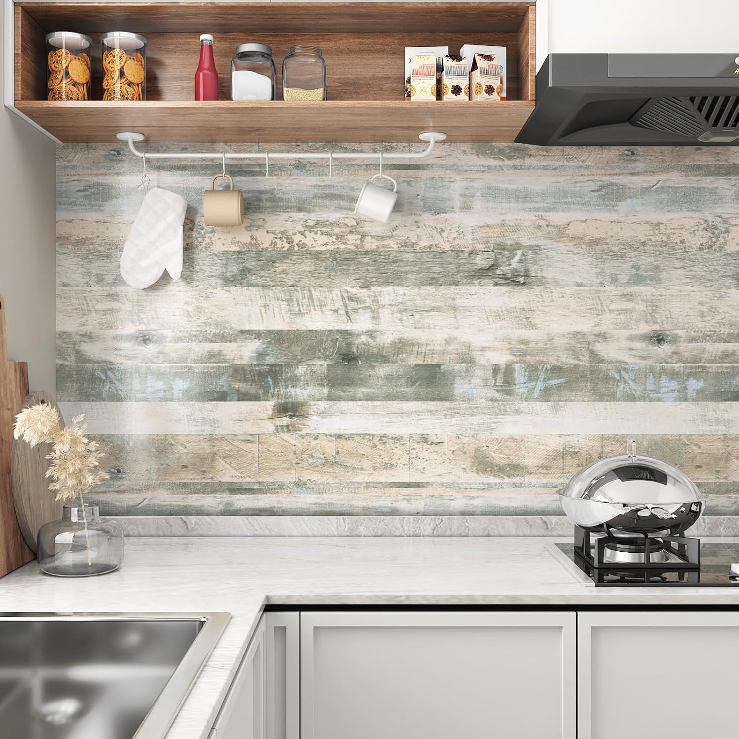Wallercity Vintage Butcher Block Contact Paper for Countertops Vinyl Gray/Green Thick Waterproof Bathroom Wood Grain Peel and Stick Wallpaper for Cabinets Table Top Kitchen Backsplash 24''x118''