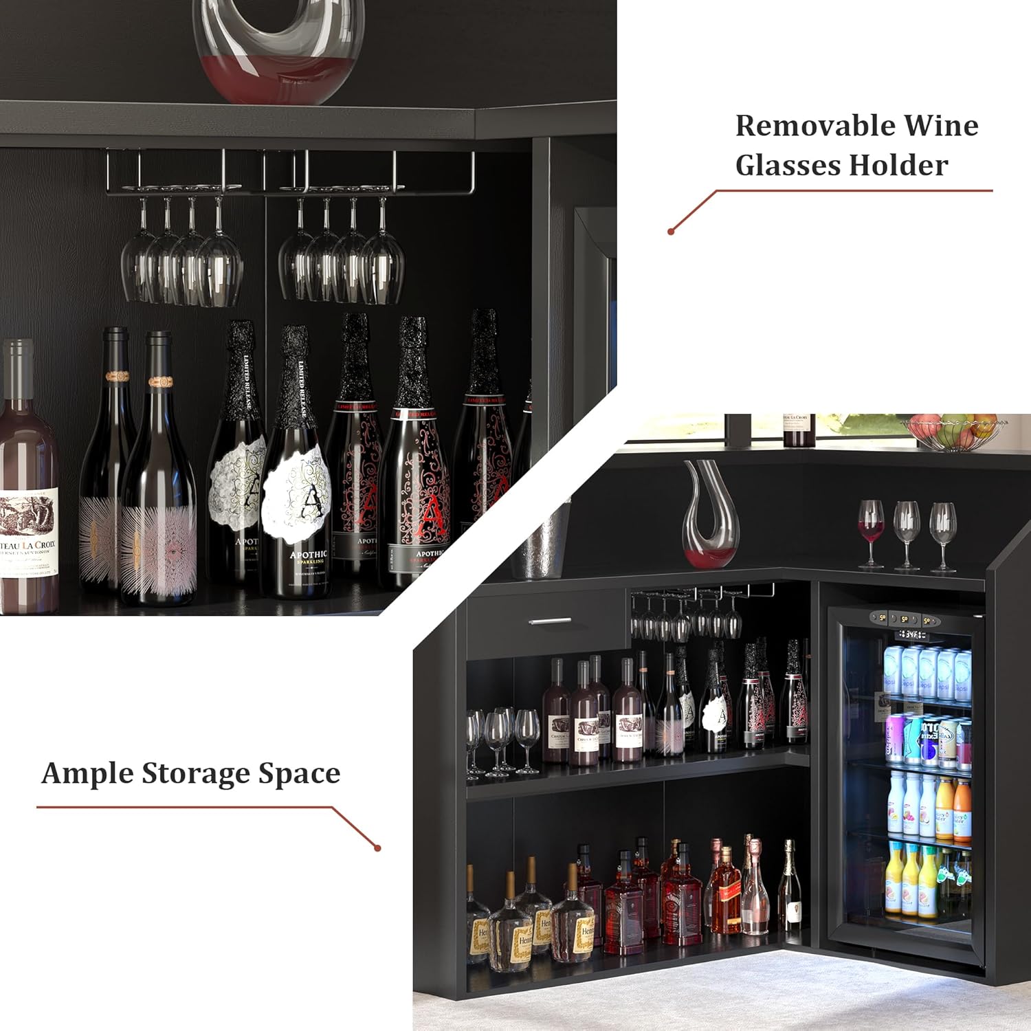 L-Shaped Home Bar Cabinet with Fridge Space, 4-Tier Corner Bar Cabinet with Glass Holder, Liquor Cabinet for Home with Led Lights, Power Outlets, Wine Cabinet for Living Room, Dining Room, Basement