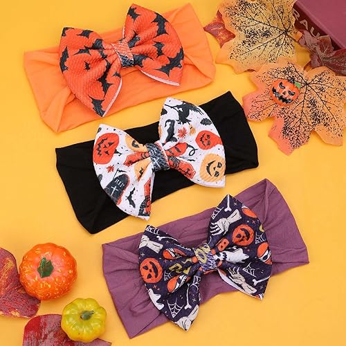 Miniatura 6 de VOBOBE Diademas de Halloween para bebé, lazo de animación, lazo de pelo de calabaza naranja con estampado de murciélago fantasma, bandas de nailon