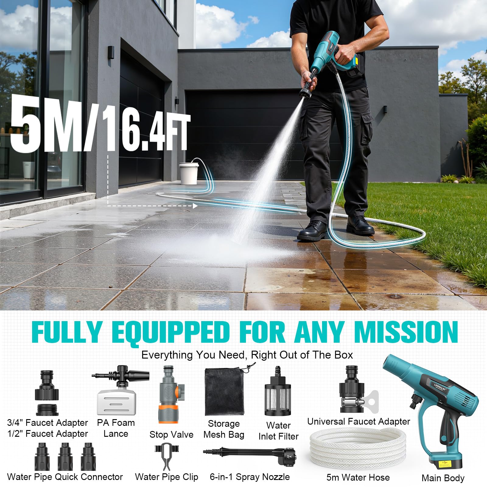 LIVOWALNY Hidrolimpiadora de Alta Presion Compatible con Makita 18V, Hidrolimpiadora Bateria 82 Bar, Sin Cepillos, 6L/Min, 3Niveles, Boquilla 6 en 1, para Automóvil, Jardín(Solo Herramientas)-Azul