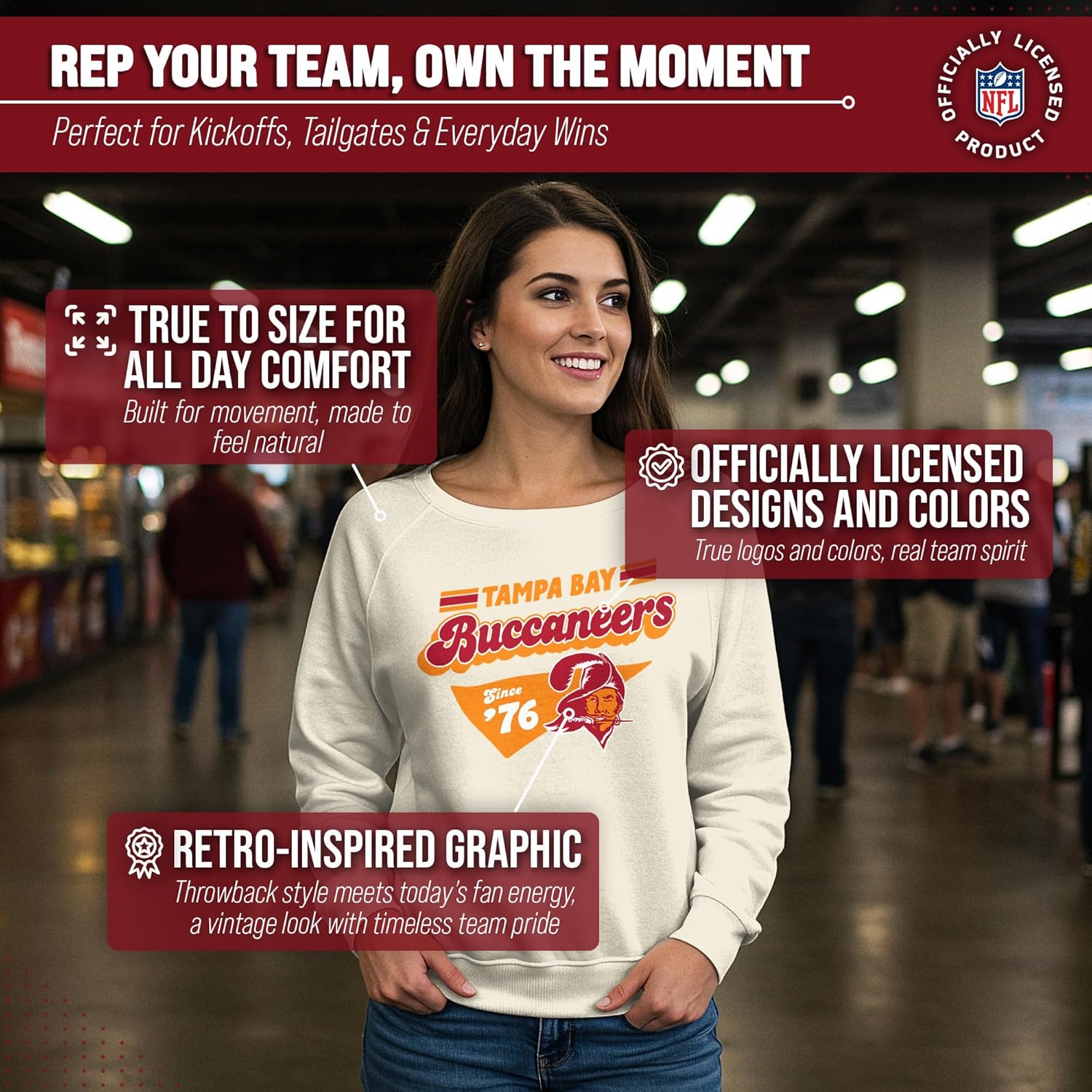 Team Fan Apparel NFL Womens Vintage Charm Slouchy Crewneck, Fleece Pullover Tagless, Long Sleeve Sweatshirt, Football Apparel