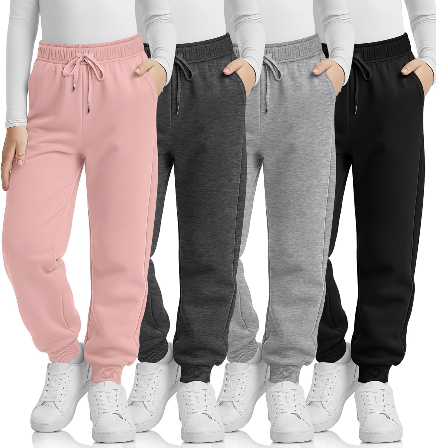 LessonZoo 4 Pack Girl's Sweatpants Casual Athletic Drawstring Joggers with Pocket Baggy Lounge Active Running Pants