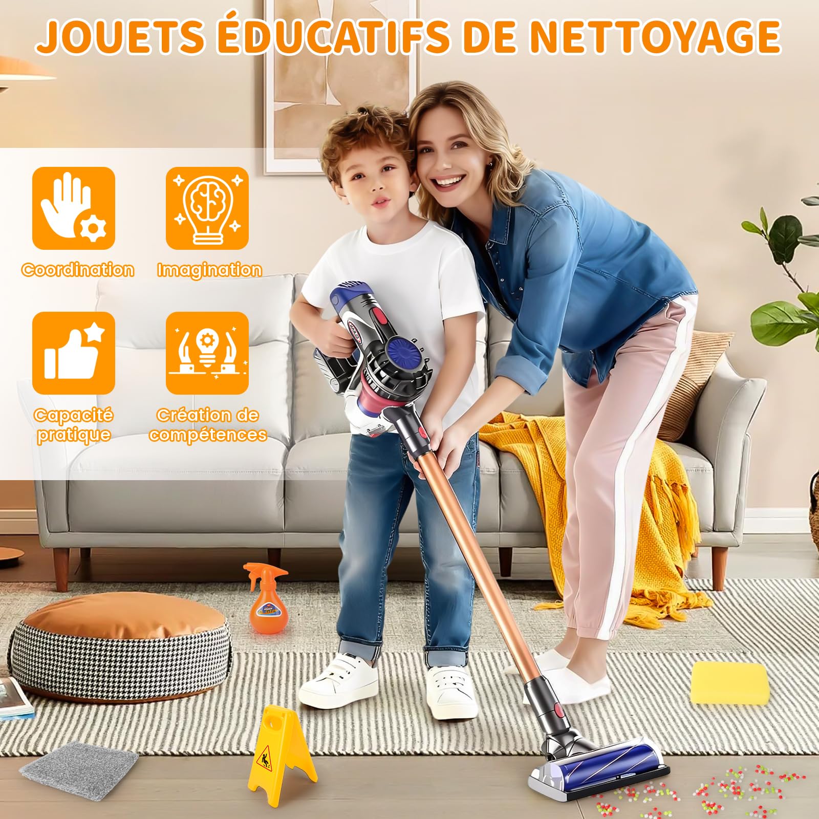 Aspirateur Électrique Jouet, 3-en-1Aspirateur Enfant Fonctionnel, Kit Menage Enfant Vrai Aspirateur, Jouet Éducatif pour Cadeau pour Garçons et Filles de 3 à 6 Ans